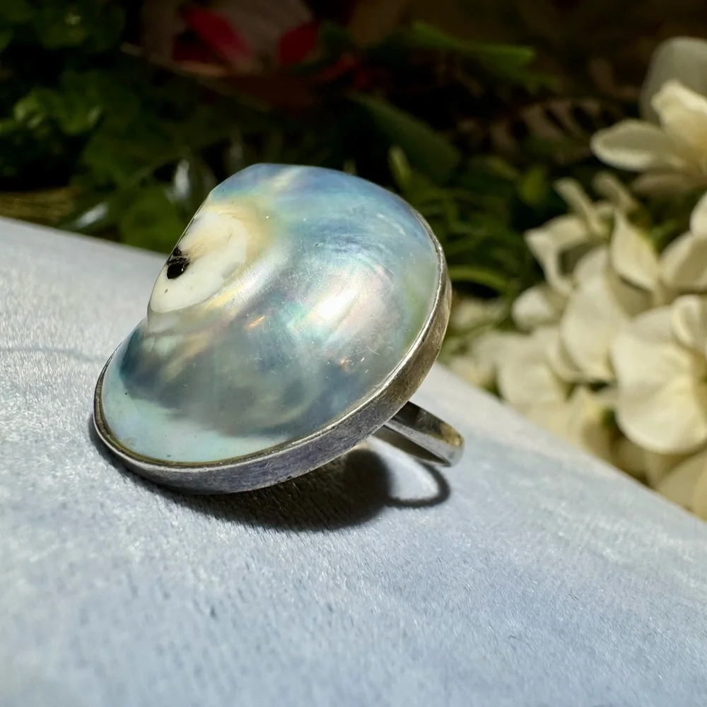 Vintage Osmena Pearl Nautilus shell Handmade statement ring 925 sterling silver